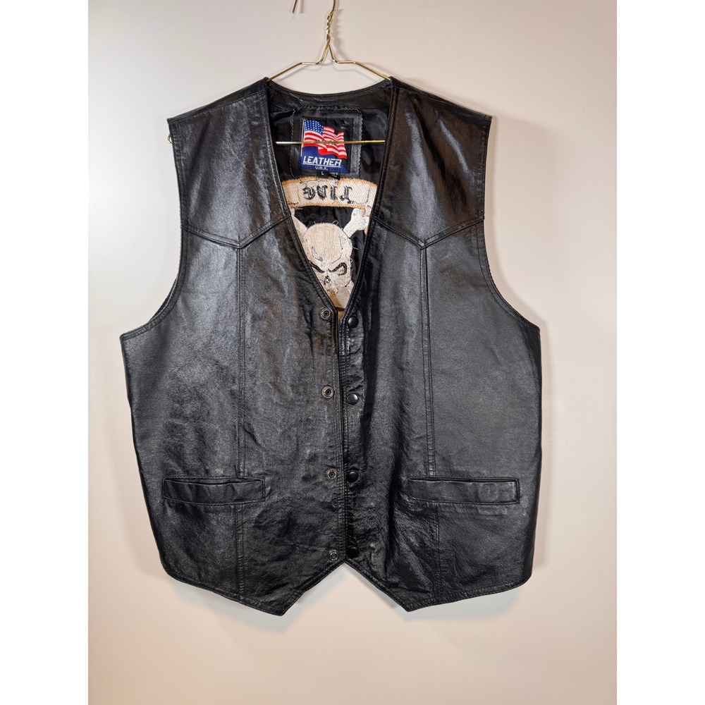 Leather USA Mens Black Genuine Leather Biker Vest Live To Ride Skull Patch L